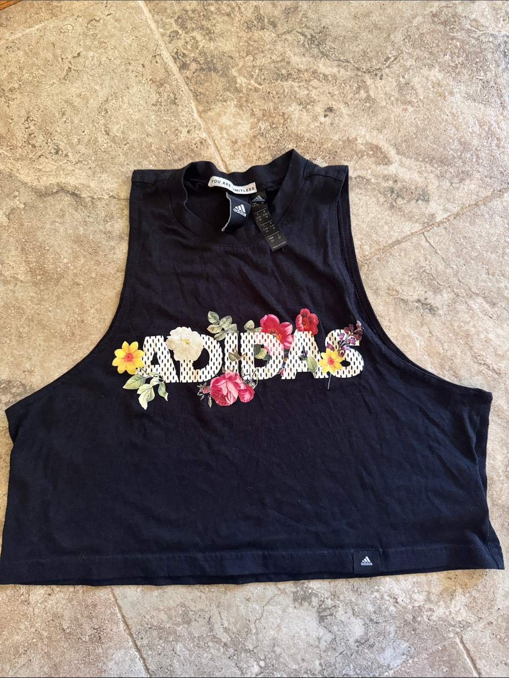 adidas Black Floral Logo Crop muscle tee Tank top woman’s small